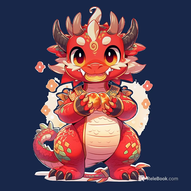Cute Red Cartoon Dragon Wall Decor With Golden Ball And Floral Patterns On Blue Background 3d model 