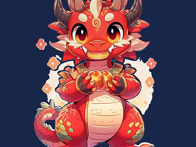 Cute Red Cartoon Dragon Wall Decor With Golden Ball And Floral Patterns On Blue Background 3d model