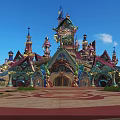 Vibrant Theme Park Entrance Gate With Ornate Arched Design Colorful Spires And Plaza Greenery