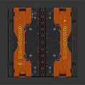 Industrial Style Mechanical Panel Design With Red Black Accents Symmetric Patterns And Reflective Surface