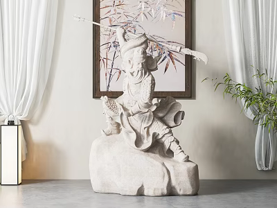 Stone Warrior Sculpture Holding Spear On Stone Base In Interior With Curtains Painting And Plant 3d model