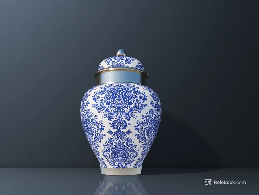 Blue And White Ceramic Vessel With Intricate Traditional Pattern And Lid On Dark Surface 3d model 