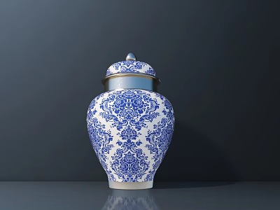 Blue And White Ceramic Vessel With Intricate Traditional Pattern And Lid On Dark Surface 3d model