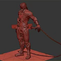 Standing Cybernetic Character in Green Mechanical Armor With Back Cables and Blue Glowing Feet