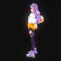 Game And Movie Character With Purple Pigtails Hair Round Glasses White Orange Jacket And Backpack