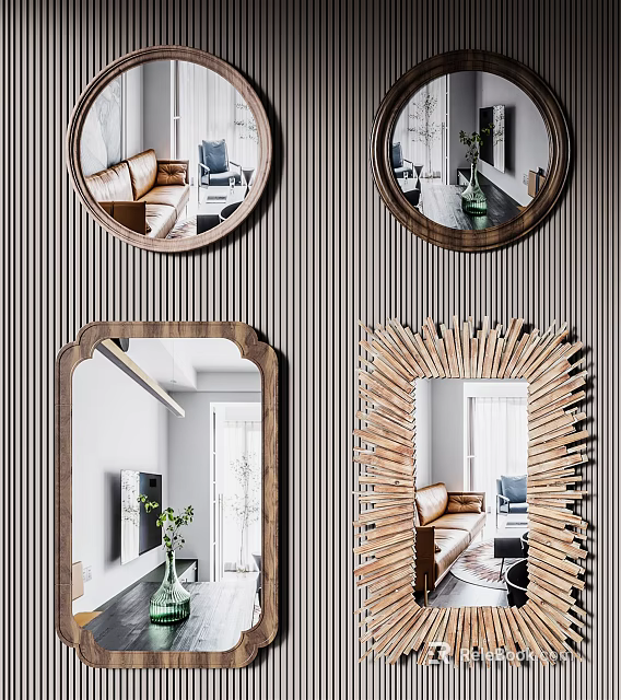 Round And Rectangular Decorative Mirrors With Wooden Frames Reflecting Living Room On Striped Wallpaper 3d model 