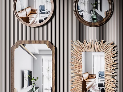 Round And Rectangular Decorative Mirrors With Wooden Frames Reflecting Living Room On Striped Wallpaper 3d model