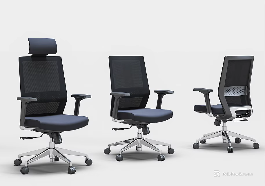 Three Modern Mesh Office Chairs With Blue Seats Silver Bases And Armrests 3d model 