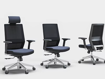 Three Modern Mesh Office Chairs With Blue Seats Silver Bases And Armrests 3d model
