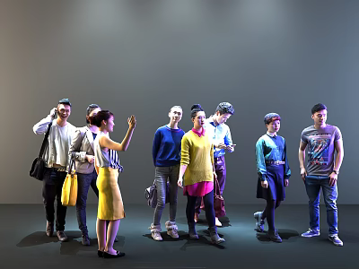 Group of People Standing Together in Various Colorful Outfits Interacting on Gray Background 3d model