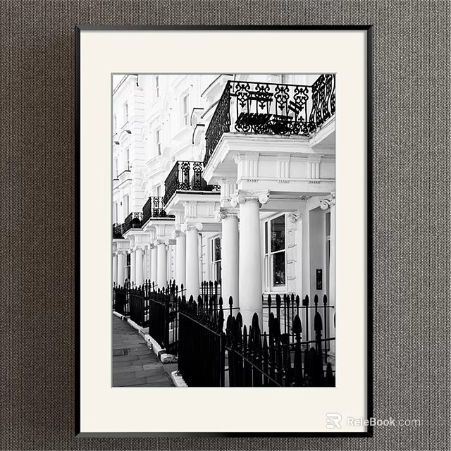 Black and White Landscape Painting of Terraced Street Buildings with Balconies Columns Iron Fences 3d model 