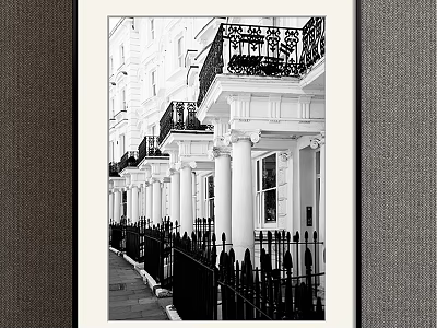 Black and White Landscape Painting of Terraced Street Buildings with Balconies Columns Iron Fences 3d model