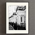Black and White Landscape Painting of Terraced Street Buildings with Balconies Columns Iron Fences