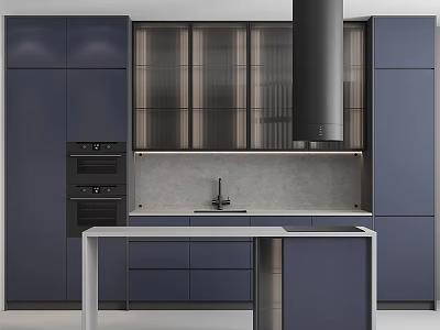 Modern Kitchen Featuring Deep Blue Cabinets Glass Doors Island And Black Appliances 3d model