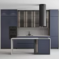 Modern Kitchen Featuring Deep Blue Cabinets Glass Doors Island And Black Appliances