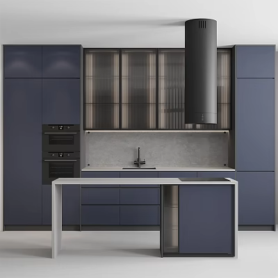Modern Kitchen Featuring Deep Blue Cabinets Glass Doors Island And Black Appliances 3d model