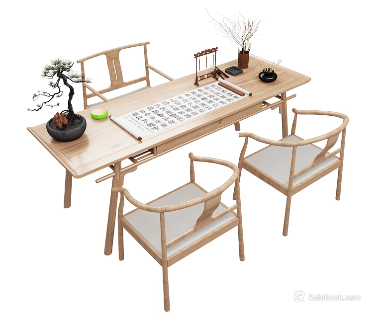 Traditional Wooden Desk With Calligraphy Mat Potted Plant Ink Stone And Chairs 3d model 