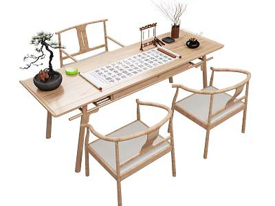 Traditional Wooden Desk With Calligraphy Mat Potted Plant Ink Stone And Chairs 3d model