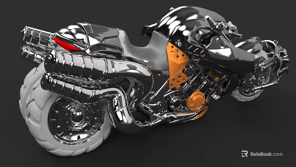 Shiny Chrome Modern Motorcycle with Sleek Body and Orange Engine Accents 3d model 