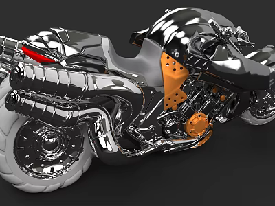 Shiny Chrome Modern Motorcycle with Sleek Body and Orange Engine Accents 3d model