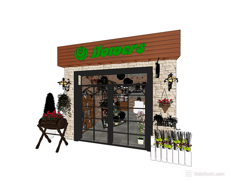 Charming Flower Shop Exterior With Wooden Sign Glass Doors Hanging Baskets And Potted Plants 3d model 