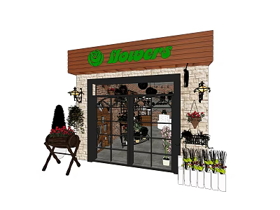 Charming Flower Shop Exterior With Wooden Sign Glass Doors Hanging Baskets And Potted Plants 3d model