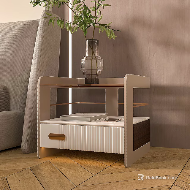 Modern White Wooden Bedside Table With Drawer Open Shelves And Glass Vase 3d model 