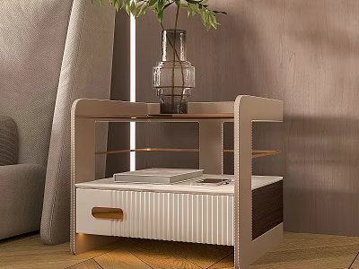 Modern White Wooden Bedside Table With Drawer Open Shelves And Glass Vase 3d model