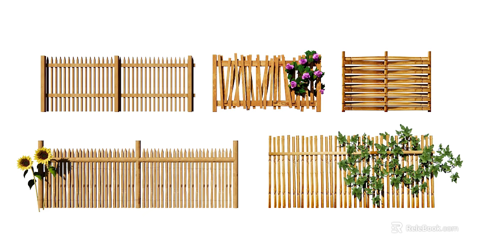 Various Wooden Bamboo Fence Designs With Decorative Purple Flowers And Green Plants 3d model 
