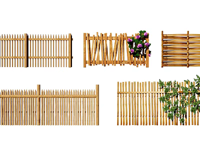 Various Wooden Bamboo Fence Designs With Decorative Purple Flowers And Green Plants 3d model