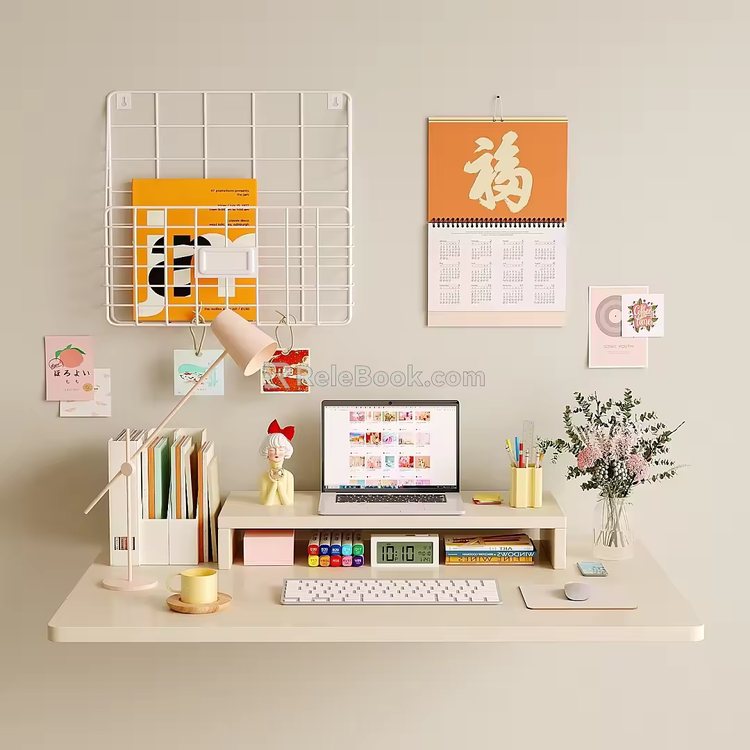 Computer Desk Study Table Wall Shelf Calendar Vase Notebook 3d model