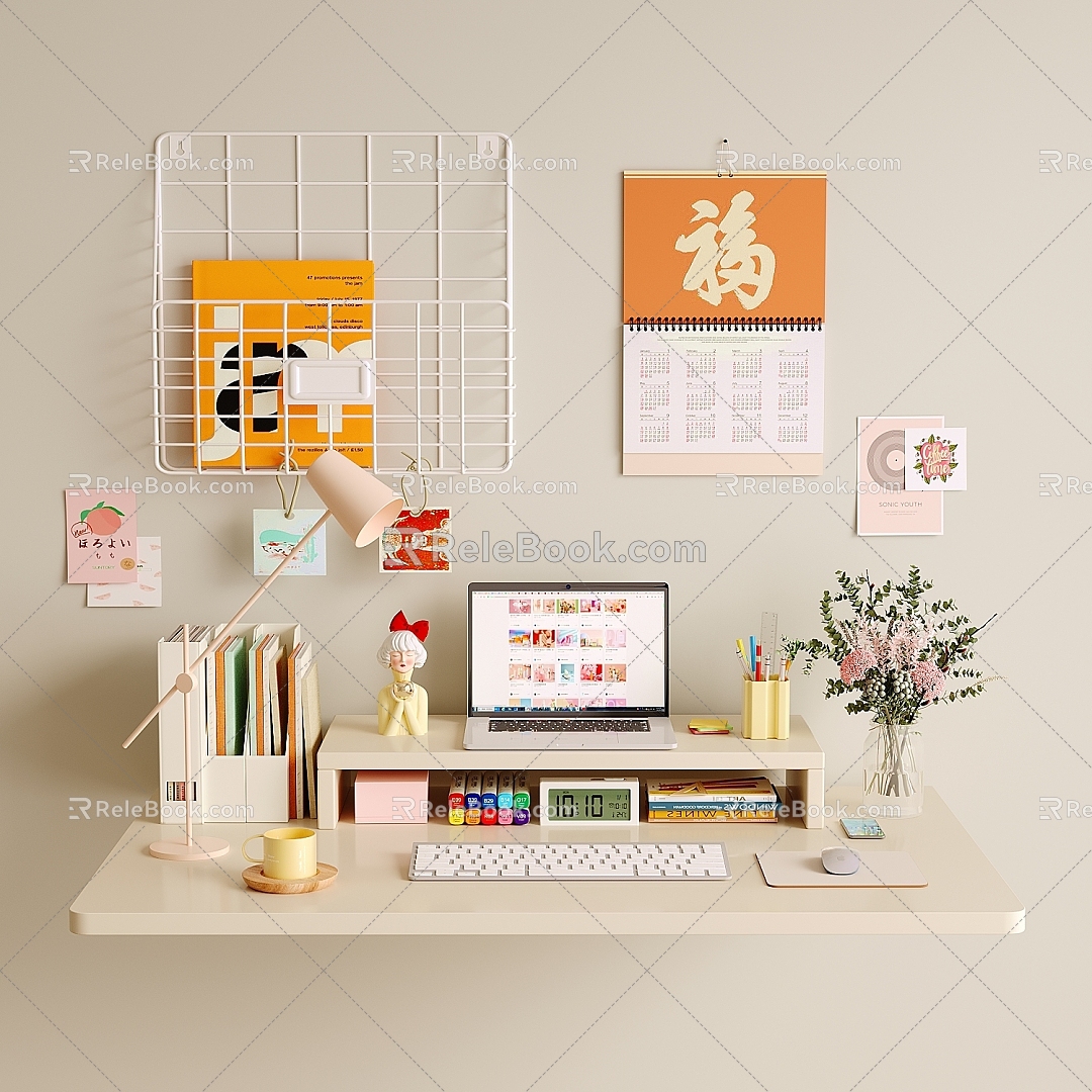 Computer Desk Desk Study Table Wall Shelf Calendar Vase Notebook 3d model