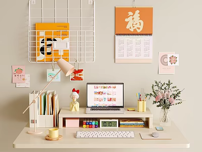 Cozy Study Desk Setup with Laptop Lamp Hello Kitty Decor Vase and Wall Calendar 3d model