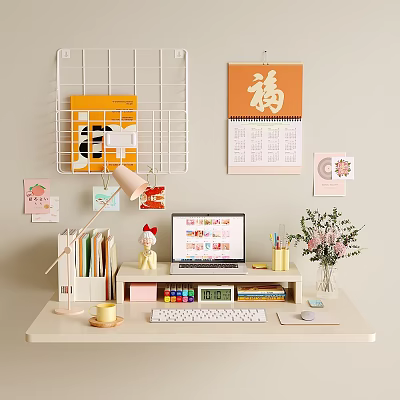 Cozy Study Desk Setup with Laptop Lamp Hello Kitty Decor Vase and Wall Calendar 3d model