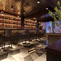 Modern Bar Featuring Counter Stools Shelves Bottles Black White Checkered Floor City View Green Plant