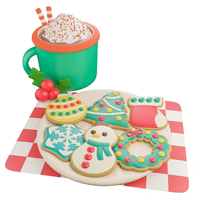 Assorted Christmas Cookies With Icing And Hot Drink In Green Mug On Checkered Cloth 3d model