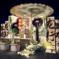 Traditional Chinese Themed Decor With Lotus Flowers Umbrella And Calligraphy Scrolls