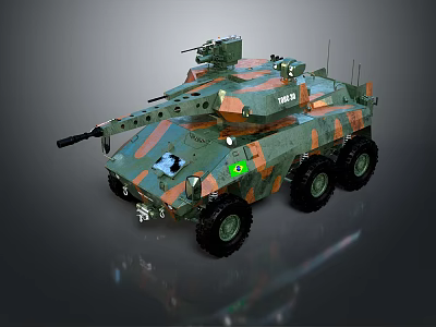 Camouflaged Armored Military Tank With Six Wheels Turret And Weapon System 3d model