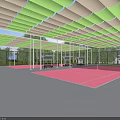 Modern Outdoor Basketball Court With Pink Surface Canopy Shade And Trees