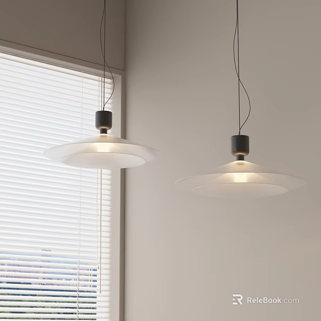 Two Modern Pendant Lights With White Shades Black Bases And Window Blinds 3d model 
