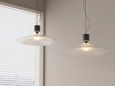 Two Modern Pendant Lights With White Shades Black Bases And Window Blinds 3d model