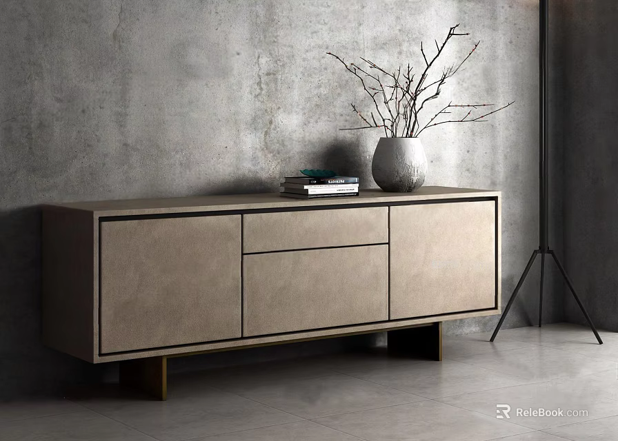 Modern TV Cabinet With Light Beige Doors Drawers Golden Legs And Concrete Wall Background 3d model 