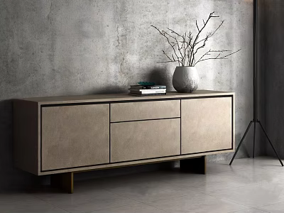 Modern TV Cabinet With Light Beige Doors Drawers Golden Legs And Concrete Wall Background 3d model