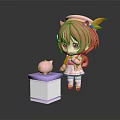 Cartoon Girl With Brown Hair Green Eyes And Pink Pig Creature On Purple White Box