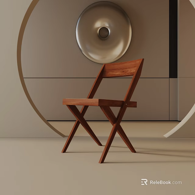 Wooden Folding Dining Chair in Modern Interior with Circular Curved Decor Light Colored Walls Cabinets 3d model 