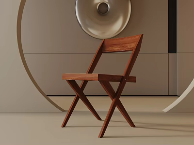 Wooden Folding Dining Chair in Modern Interior with Circular Curved Decor Light Colored Walls Cabinets 3d model