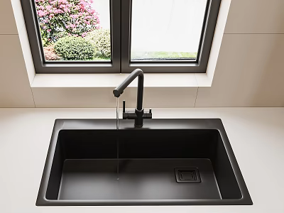 Kitchen Sink Area With Black Sink Faucet White Countertop Window Pink Flowers Green Plants 3d model