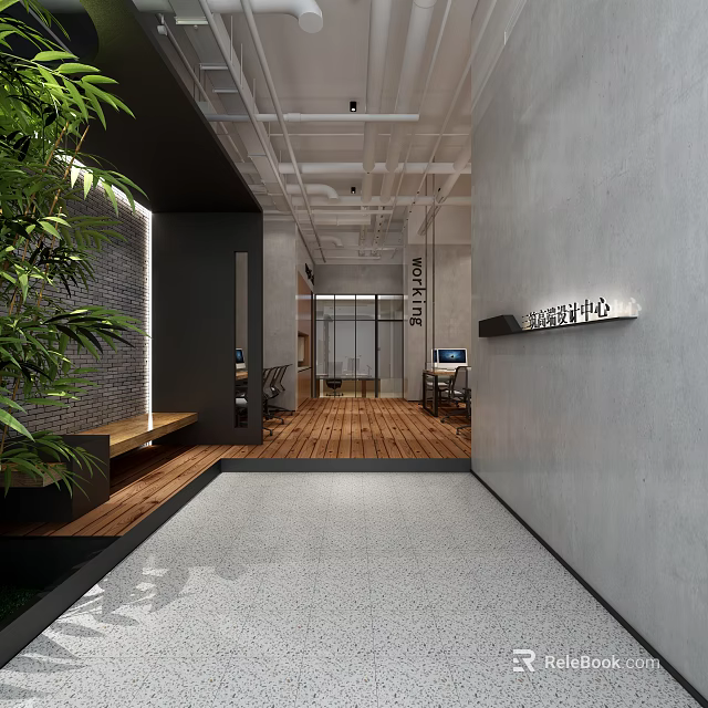 Modern Office Hallway Featuring Wooden Flooring Gray Walls Green Plants Exposed Ceiling And Bench 3d model 