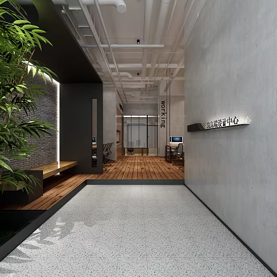Modern Office Hallway Featuring Wooden Flooring Gray Walls Green Plants Exposed Ceiling And Bench 3d model