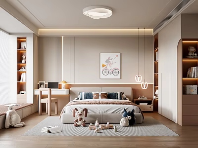 Kids Room Interior Design With Bed Desk Shelves Toys Bicycle Wall Art And Warm Lighting 3d model